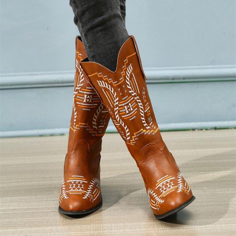 Women retro embroidery pointed toe block heel mid calf western cowboy boots