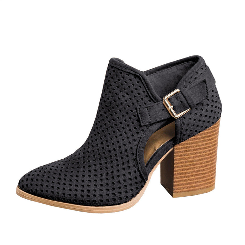 Women's pointed toe side cutout chunky block heel ankle booties