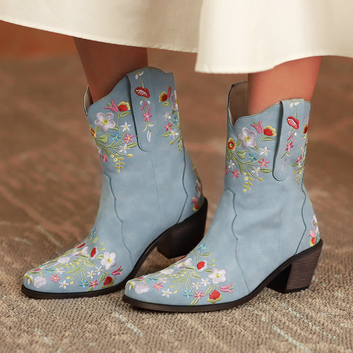 Flower embroidery light blue short cowboy boots for women Retro block heels western booties