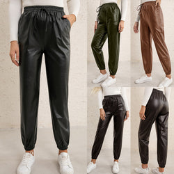 Women's faux leather motorcycle boots | PU leather track pants