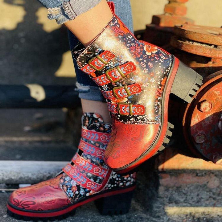 Women's red ethnic floral print block heel short boots
