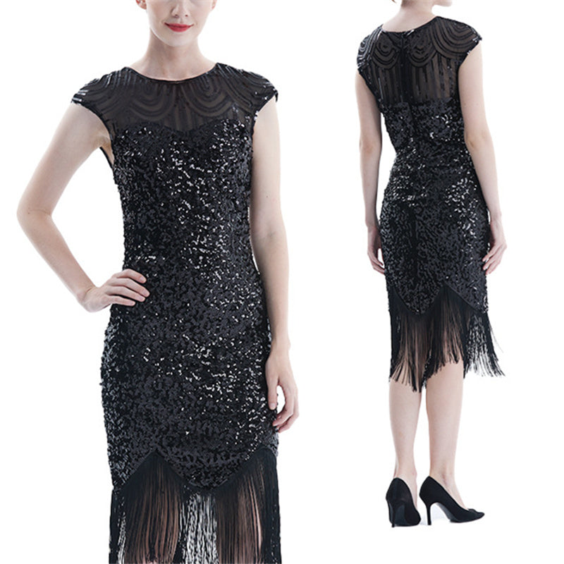 Women's Vintage Sequins Midi Fringed Dress sexy sleevesless banquet evening party dress