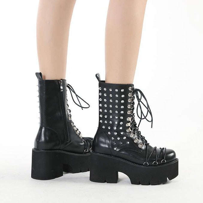 Women's studded chunky platform steampunk combat boots | Black lace-up mid calf martin boots
