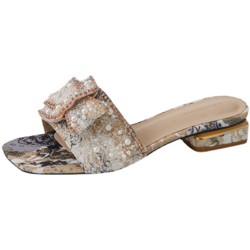 Retro pearls summer slides | Open toe low heel slip on sandals