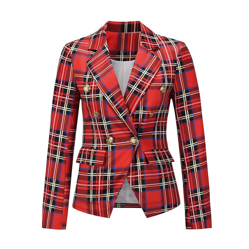 Women's plaid grid double breasted lapel blazer | Slim fit short business coat