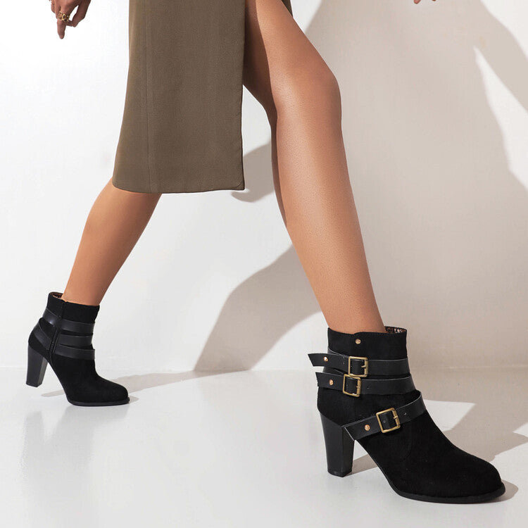 Women's buckle straps chunky block heels booties faux suede ankle boots with side zipper