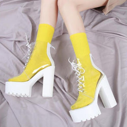 Transparent front lace chunky booties fashion party short boots