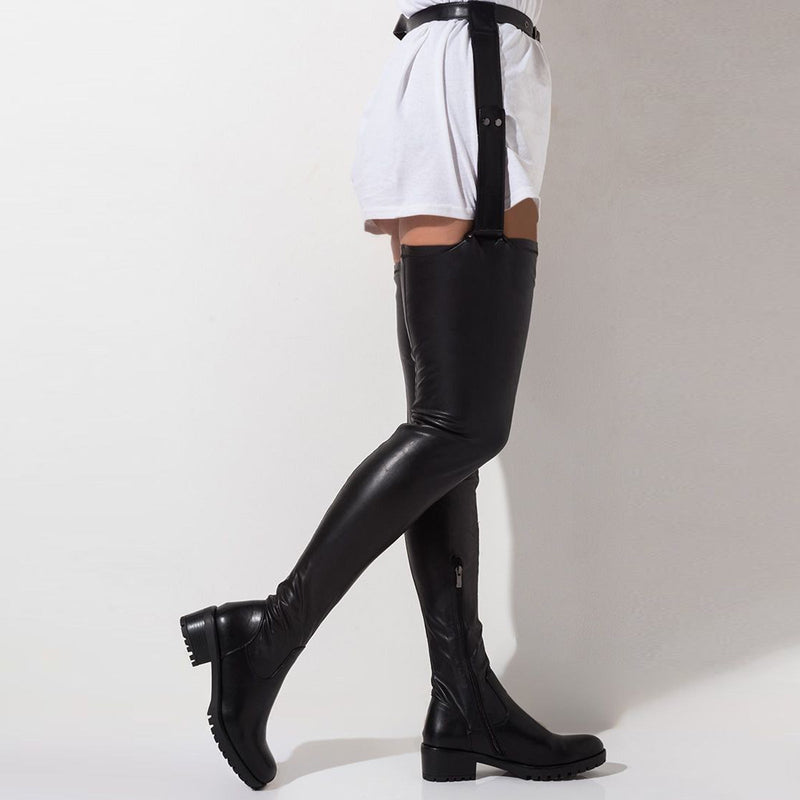 Women's black waist belted block heel thigh high boots