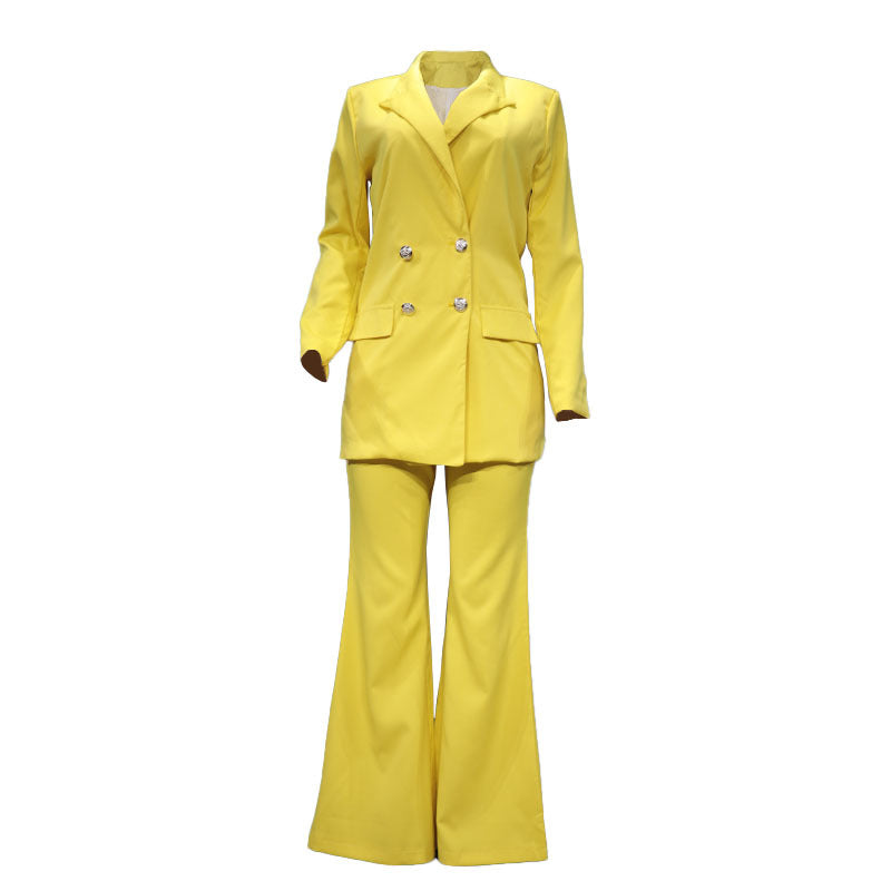 Women's lapel v neck blazer and wide leg pants 2 pieces workwear solid color