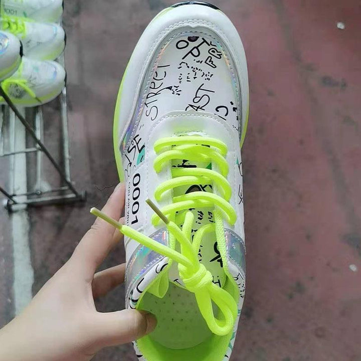 Women candy color graffiti print front lace sneakers running shoes