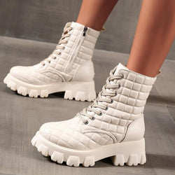 Women quilted chunky platform front lace short combat boots