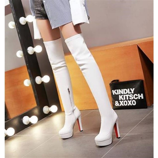 Women's chunky high heels thigh high boots leather slimming over the knee boots