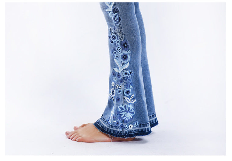 Women's blue light wash flower embroidery flare jeans