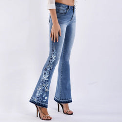 Women's blue light wash flower embroidery flare jeans