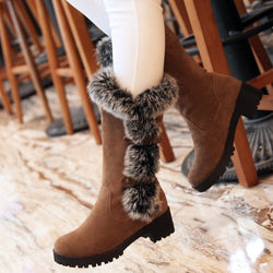 Women's chunky low heel fluffy fur trim snow boots faux fur lining warm buckle strap winter boots