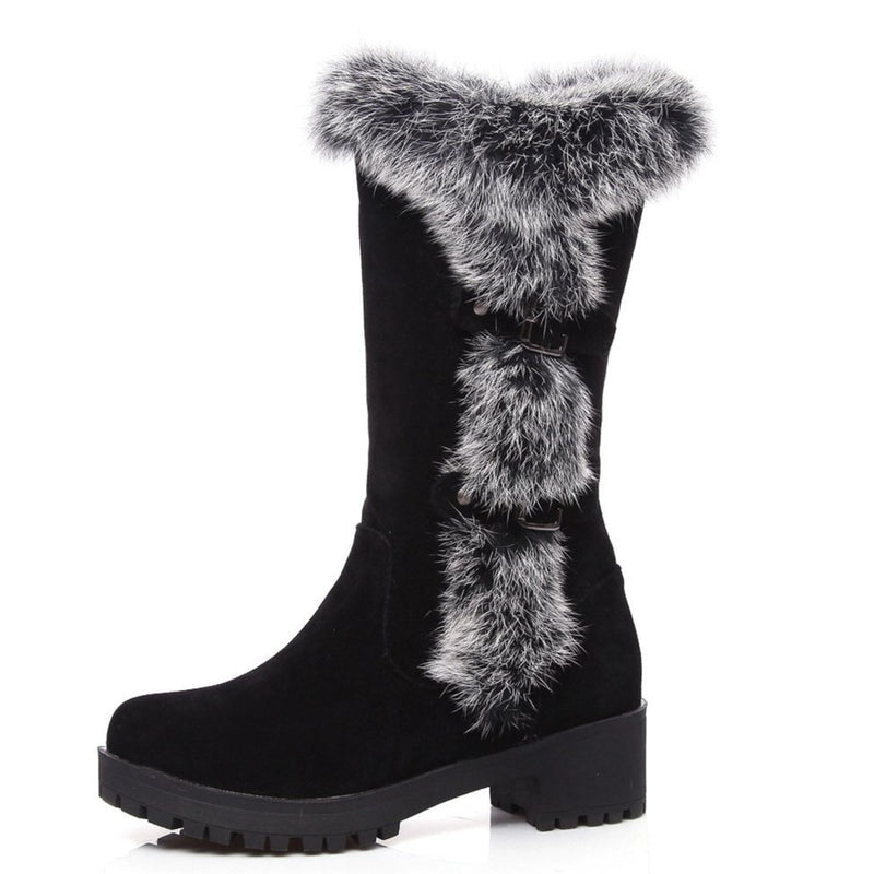 Women's chunky low heel fluffy fur trim snow boots faux fur lining warm buckle strap winter boots