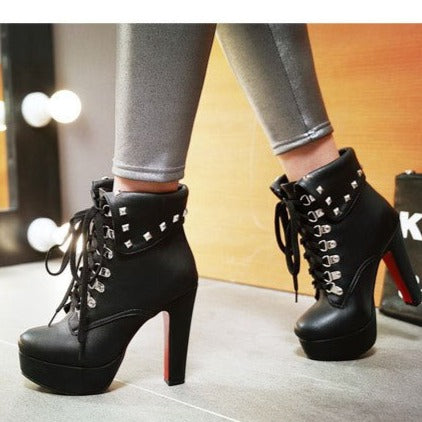 Women's sexy studded platform heeled lace-up ankle boots