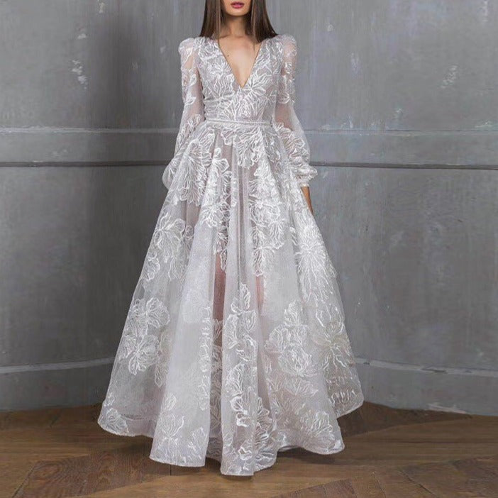 Women's v neck white flower embroidery large swing lace maxi dress party bridal banquet lace dress