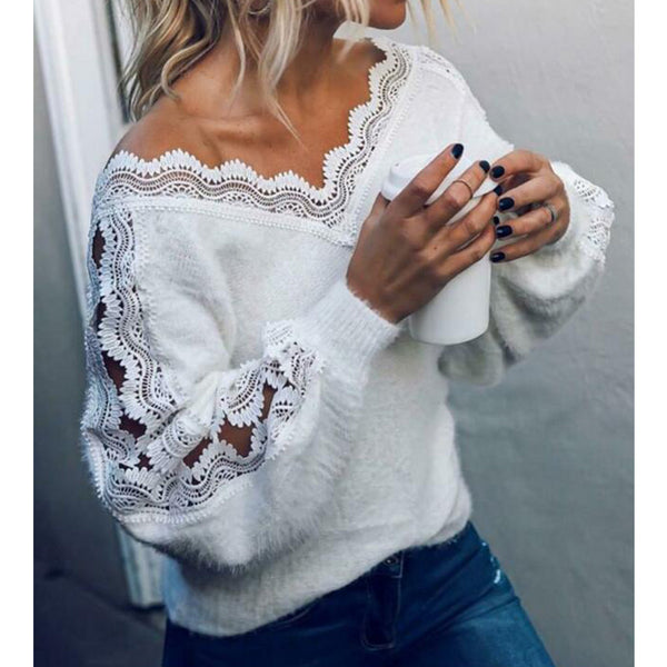 Women's sexy v-neck knit sweater lace hollow long sleeve pullover blouse tops