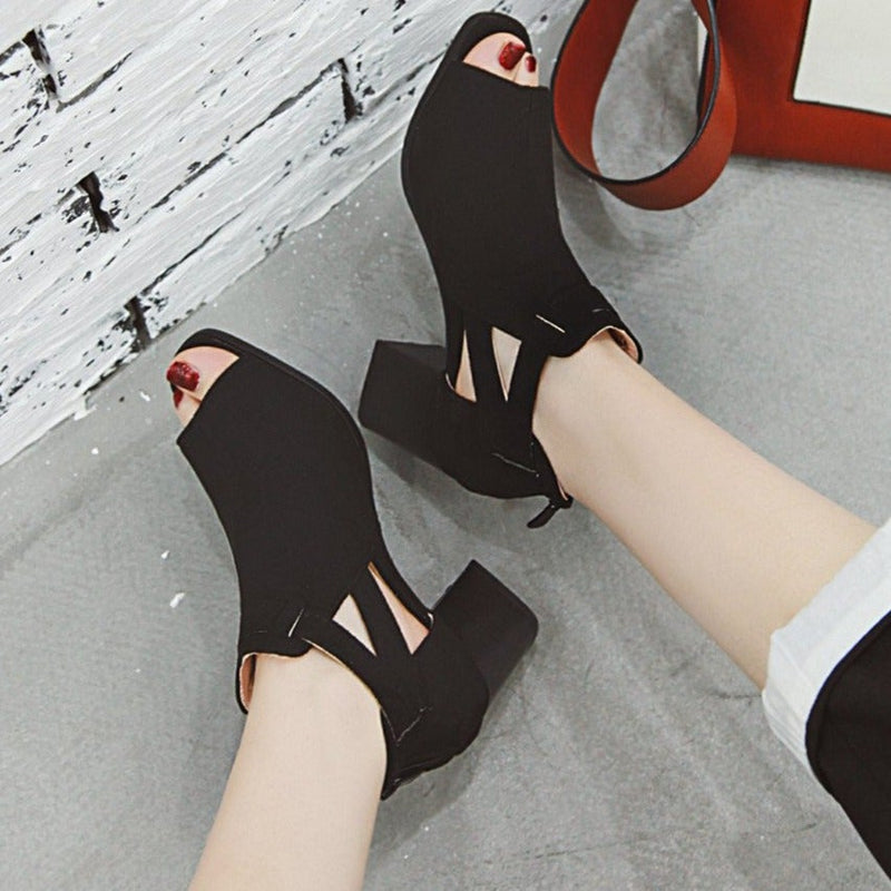 Peep toe side hollow block heel sandals for women