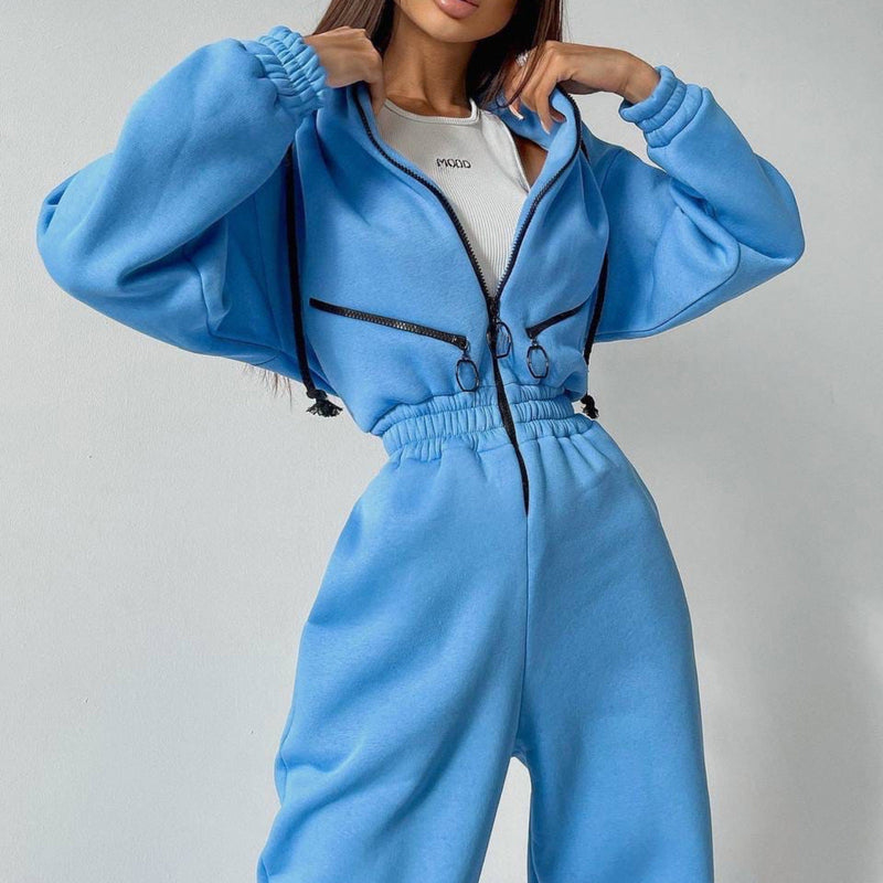 Women's hooded elastic waistband sweat jumpsuits workout tracksuit
