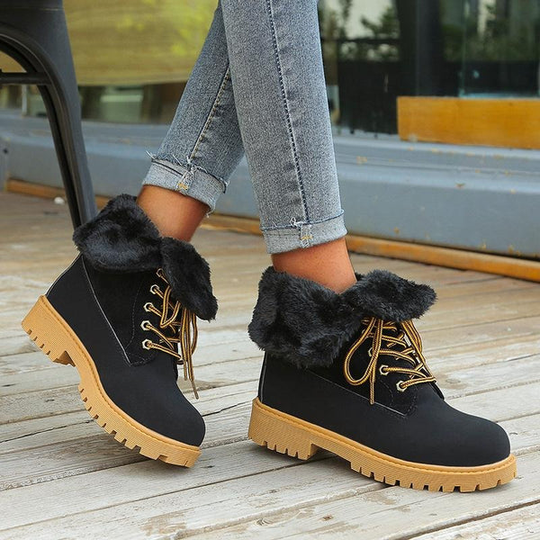 Women's thick fur lining lace-up snow boots warm combat boots