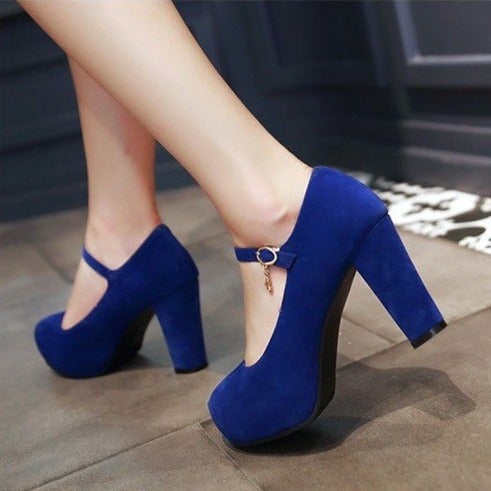 Faux suede ankle strap chunky high heel pumps wedding dress heels
