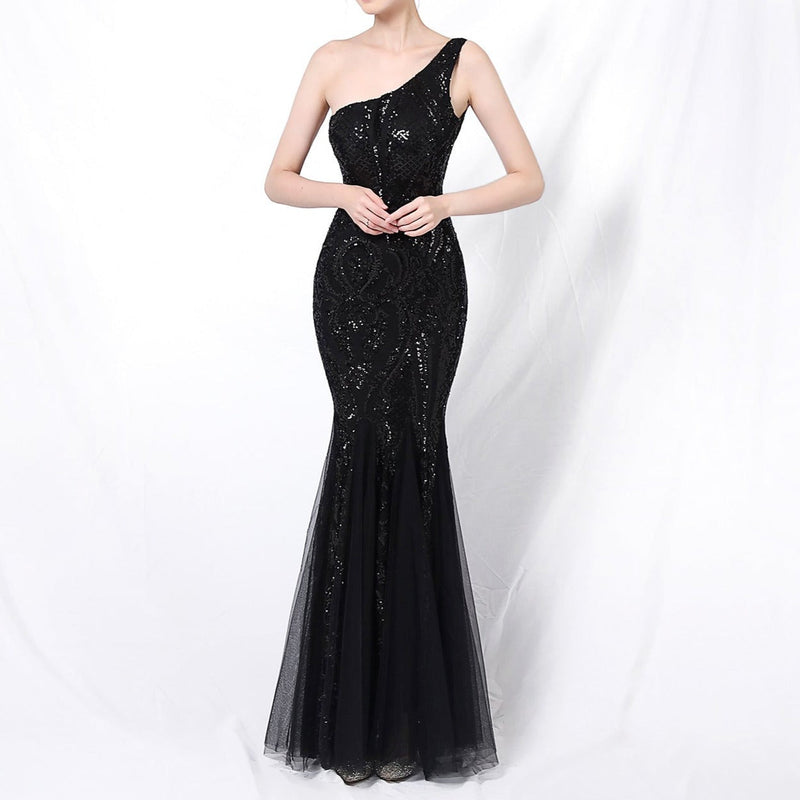 Lady's elegant sequins one shoulder sleevesless mermaid maxi dress cocktail party banquet dress