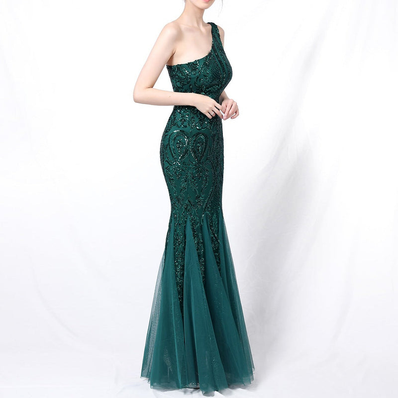 Lady's elegant sequins one shoulder sleevesless mermaid maxi dress cocktail party banquet dress