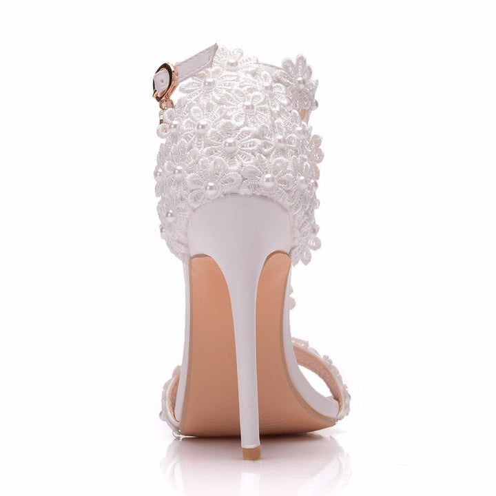 Women's white lace ankle strap wedding heels open toe bridal sandals