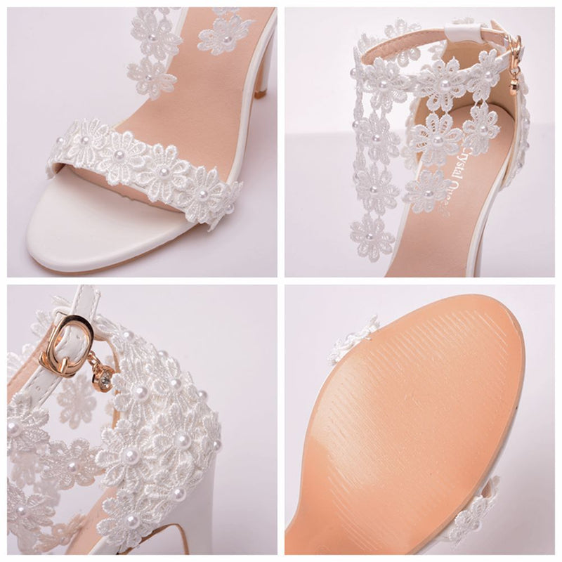 Women's white lace ankle strap wedding heels open toe bridal sandals