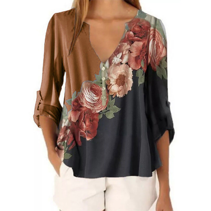 Women's v-neck chiffon long sleeve blouse floral print pullover tops