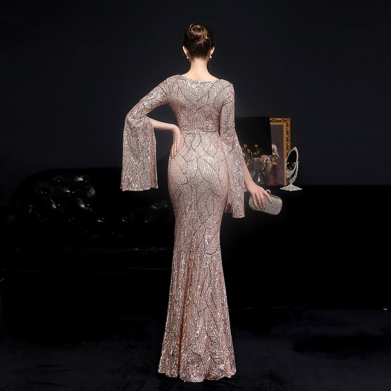 Lady's elegant sequins mermaid maxi dress luxury evening gowns cocktail party banquet cape dress