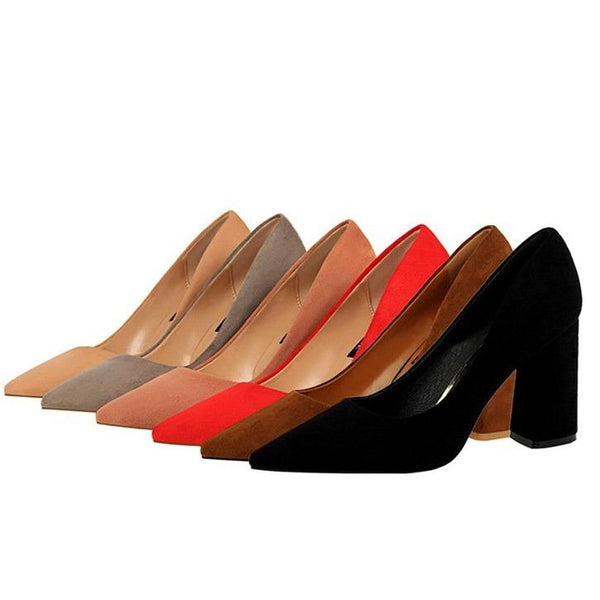Suede pointed toe chunky high heels pumps office work pumps