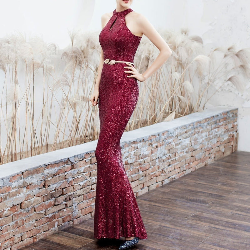Lady's elegant halter neck sequins mermaid maxi dress slimming evening gowns party prom banquet dress