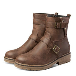 Women's low heel retro buckle strap plush lining motorcycle boots