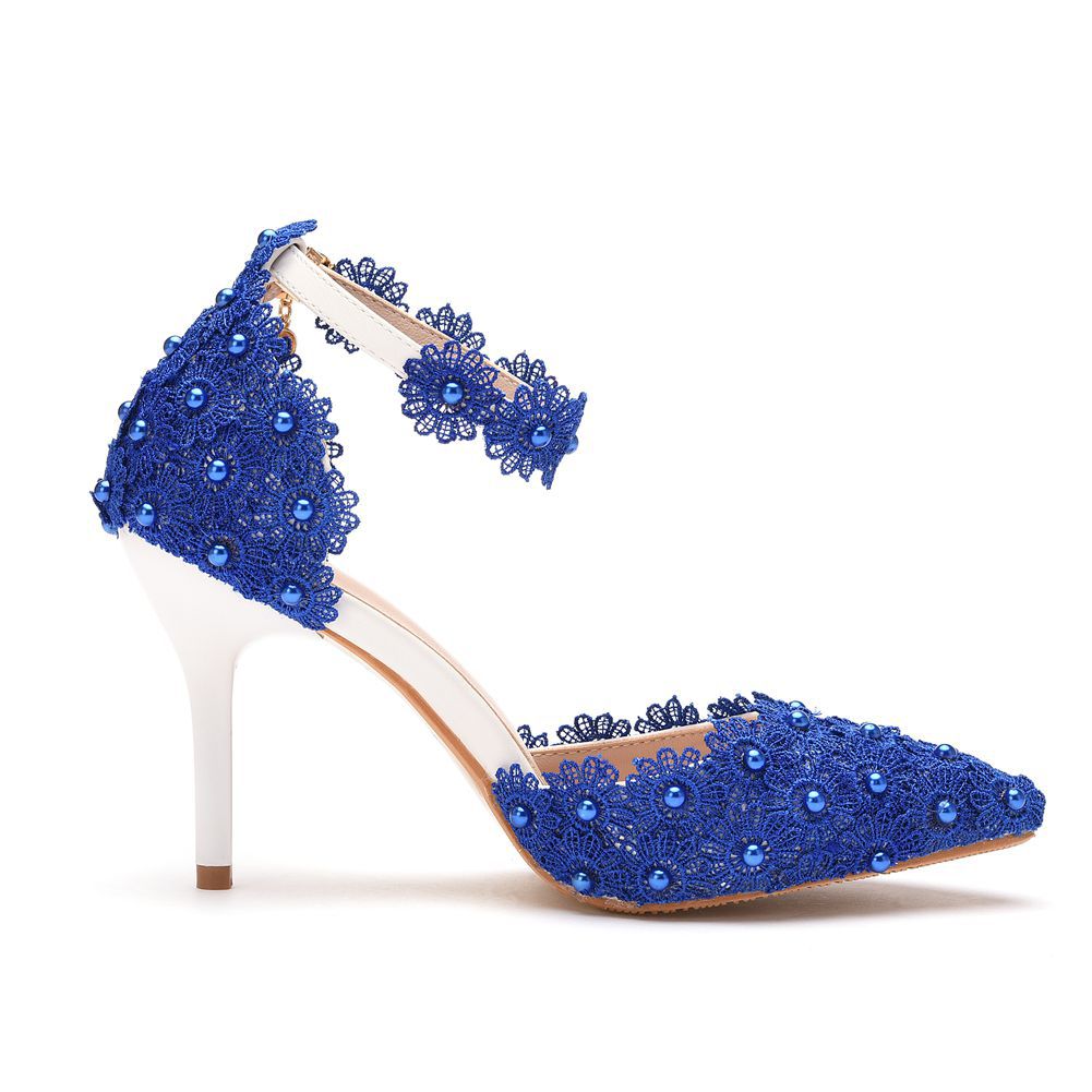 Women's flower lace imitation pearl décor ankle strap wedding heels sandals