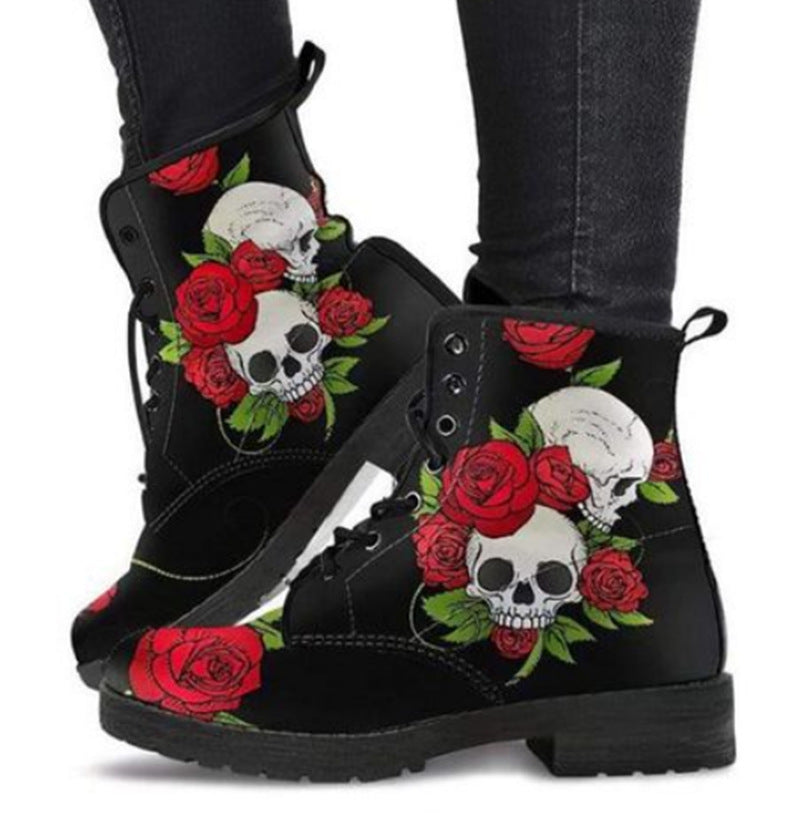 Women's fashion print lace-up boots flat high top martin boots