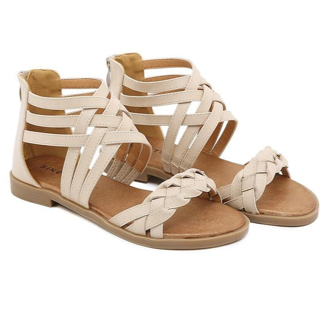 Women's braided ankle criss strappy low heel sandals with back zipper