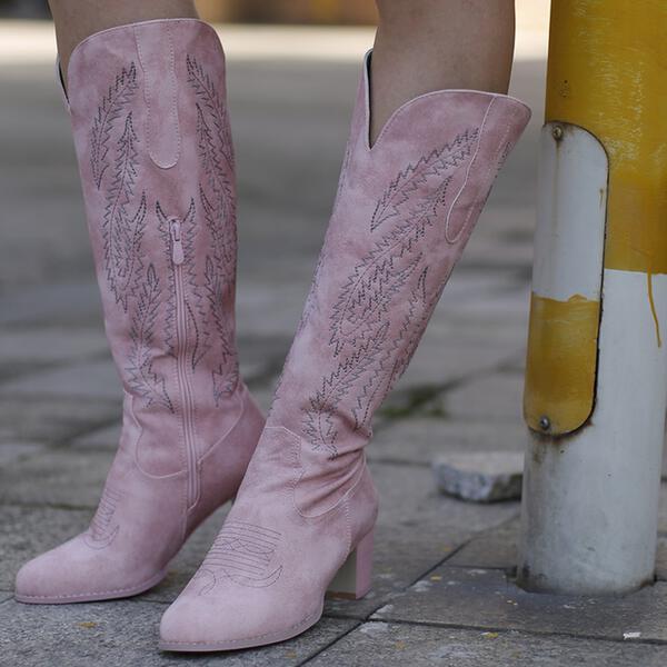 Women's pink knee high floral embroidery cowboy boots block heel werstern boots