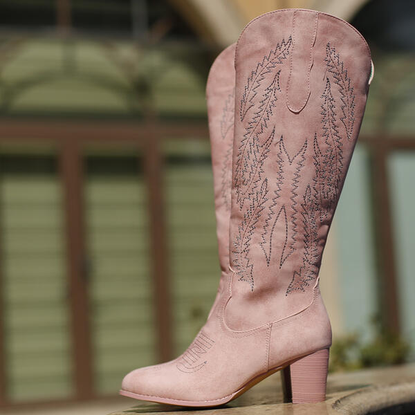 Women's pink knee high floral embroidery cowboy boots block heel werstern boots
