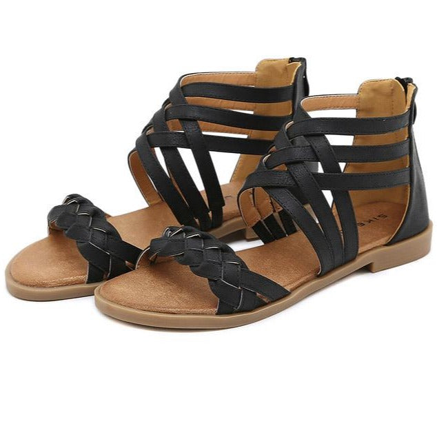 Women's braided ankle criss strappy low heel sandals with back zipper