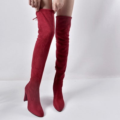 Women's elastic over the knee boots suede high heeled pointed toe tall boots