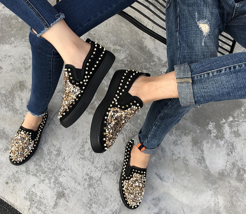 Women's fashion studded sequined platform sneakers slip on walking shoes