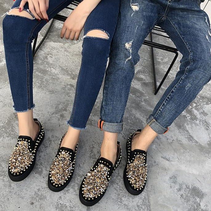 Women's fashion studded sequined platform sneakers slip on walking shoes