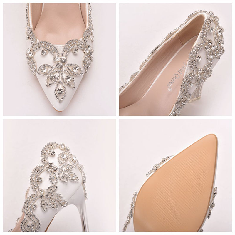 Women's white rhinestone wedding heels pointed closed toe stiletto heels