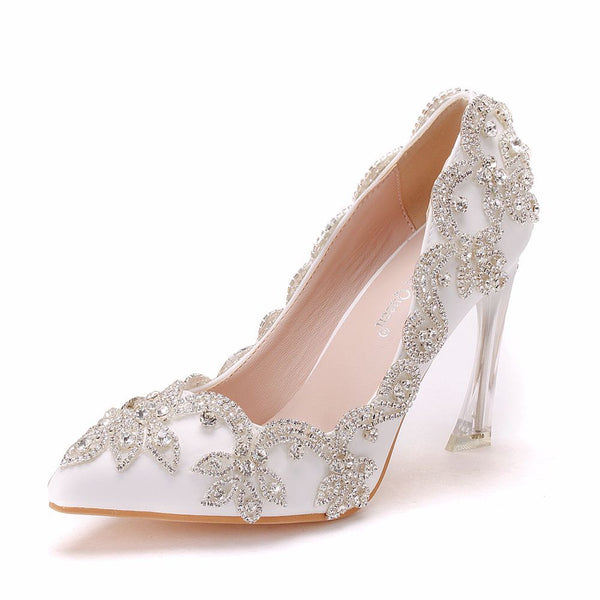 Women's white rhinestone wedding heels pointed closed toe stiletto heels
