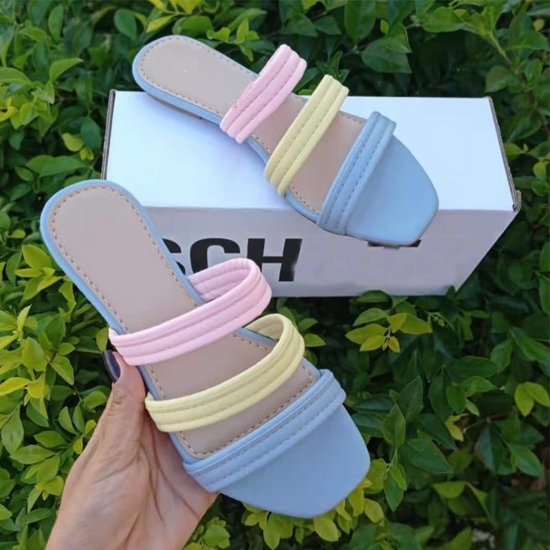 Women's candy color 3 straps slippers summer flat beach slides