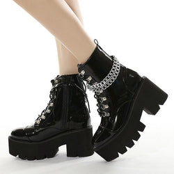 Women's black thick platform stempunk ankle boots metal décor gothic boots