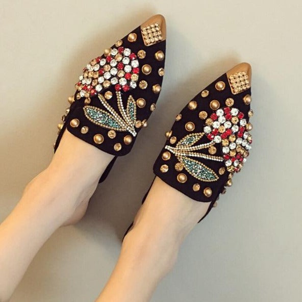 Women's rhinestone spikes pointed closed toe flat mules